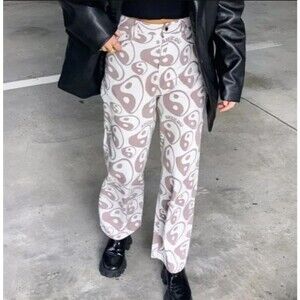 Shekou Jeans Ying Yang peace sign beige tan Wide Leg pants high waisted Size M